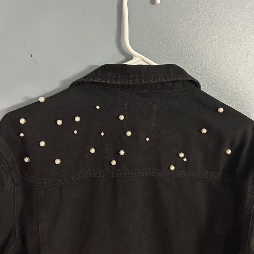 TGLA Black Pearl Studded Denim Jacket Womens Medium Embellished Trucker - Picture 9 of 10
